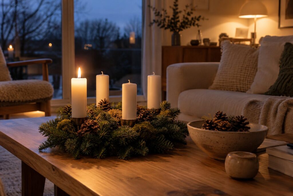 Adventskrans af nobilisgran med fire hvide lys, hvor ét lys er tændt, på et sofabord i en stue en mørk novembereftermiddag