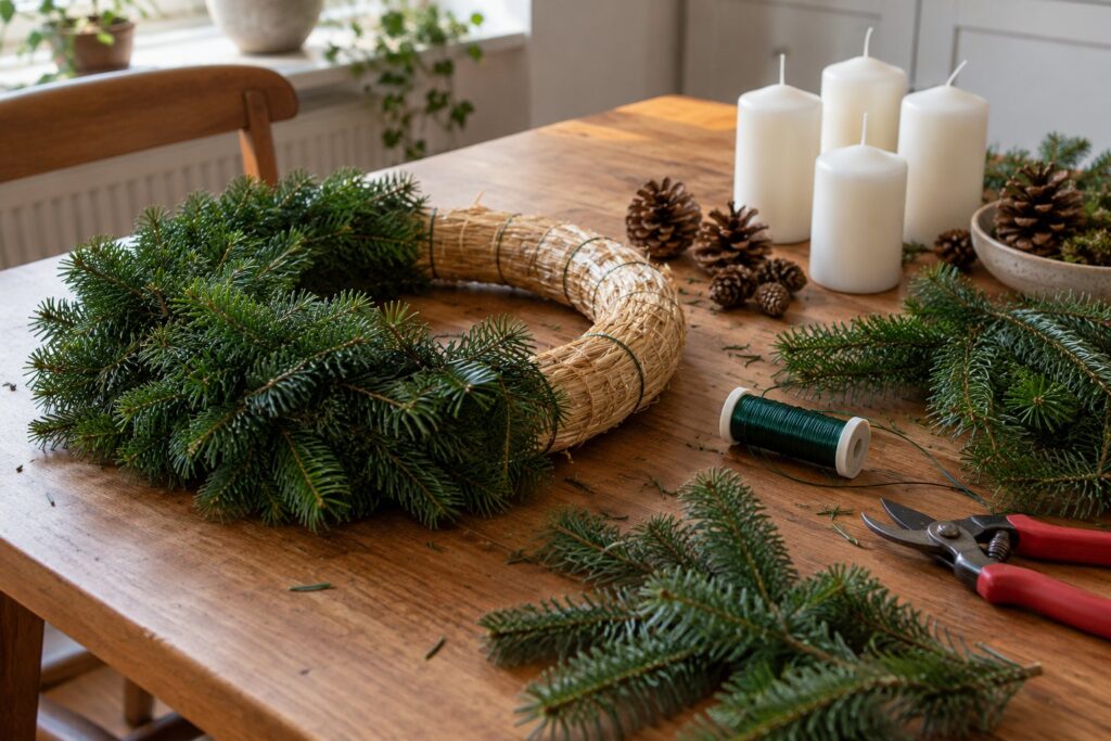 Halmkrans halvt dækket af granbundter bundet fast med ståltråd på et køkkenbord med havesaks, kogler og fire hvide lys