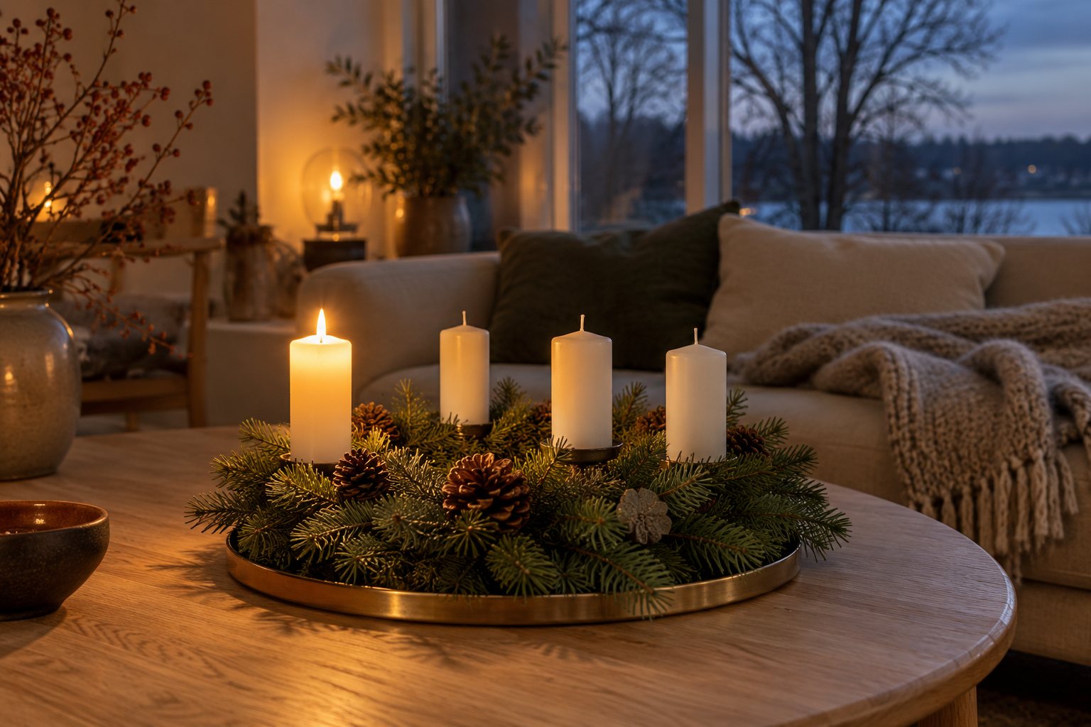 Hjemmelavet adventskrans af nobilisgran med kogler og fire hvide lys, hvor ét er tændt, på et messingfad i en stue en mørk novembereftermiddag