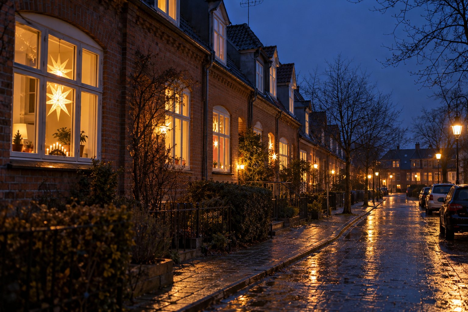 Danske rækkehuse en novemberaften med tændte adventsstjerner af papir i vinduerne