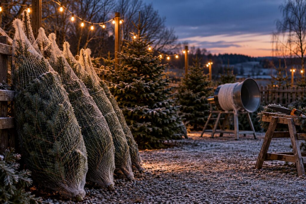 Nyfældede nordmannsgraner i net står lænet op ad et hegn på en juletræsplads i decemberskumringen