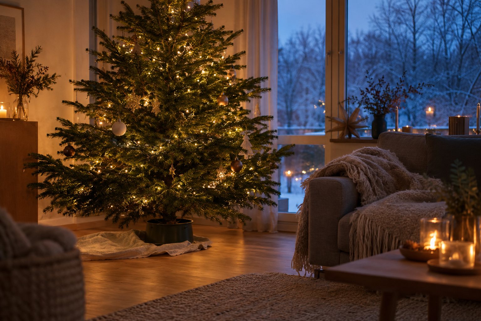 Ægte nordmannsgran med varmhvide lyskæder i en juletræsfod i en lys skandinavisk stue en decembereftermiddag