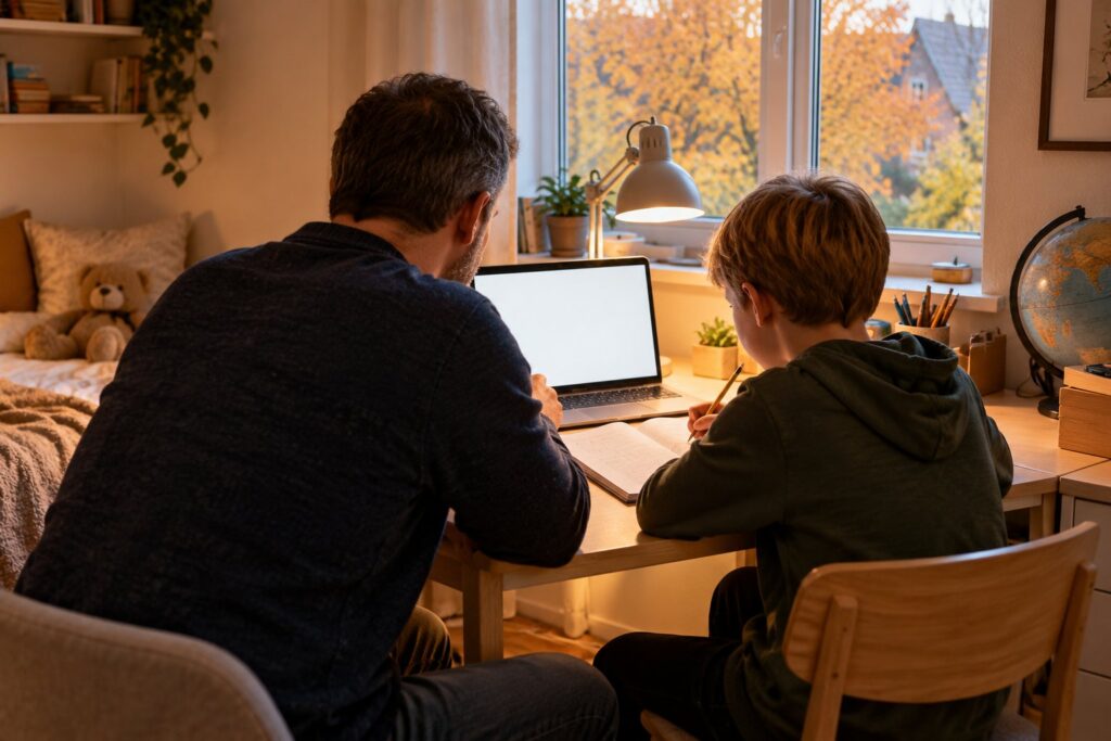 Forælder og skolebarn sidder ved et skrivebord med en bærbar computer og et kladdehæfte i et hyggeligt værelse en efterårseftermiddag