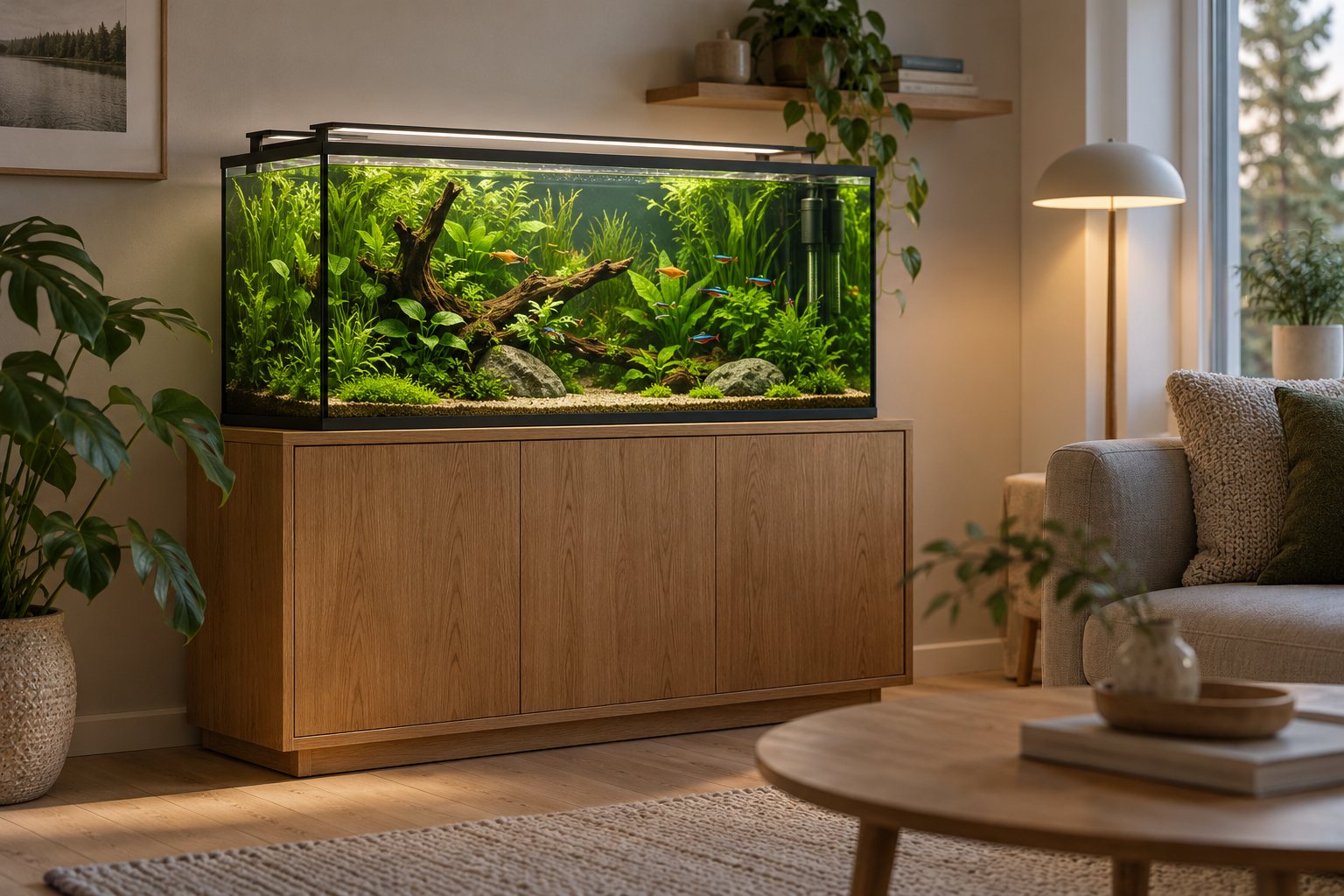 Beplantet akvarium med en stime små fisk på et sort stativ i en hyggelig stue en mørk oktoberaften