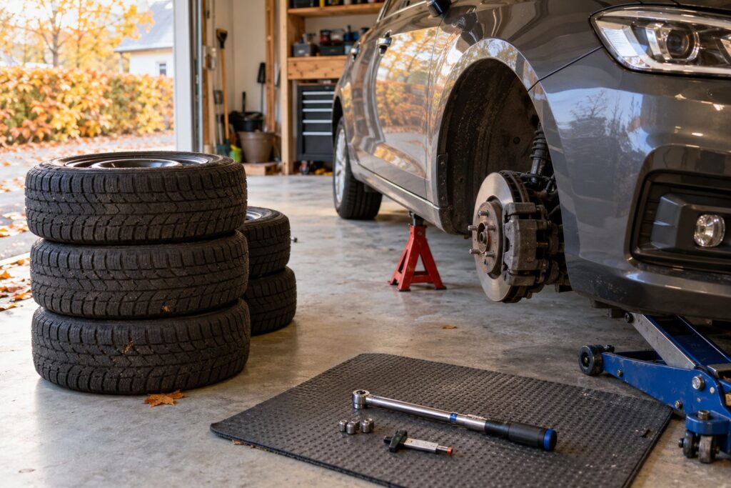 Vinterdæk på stålfælge stablet på gulvet i en garage ved siden af en bil, der står på donkraft med et hjul afmonteret