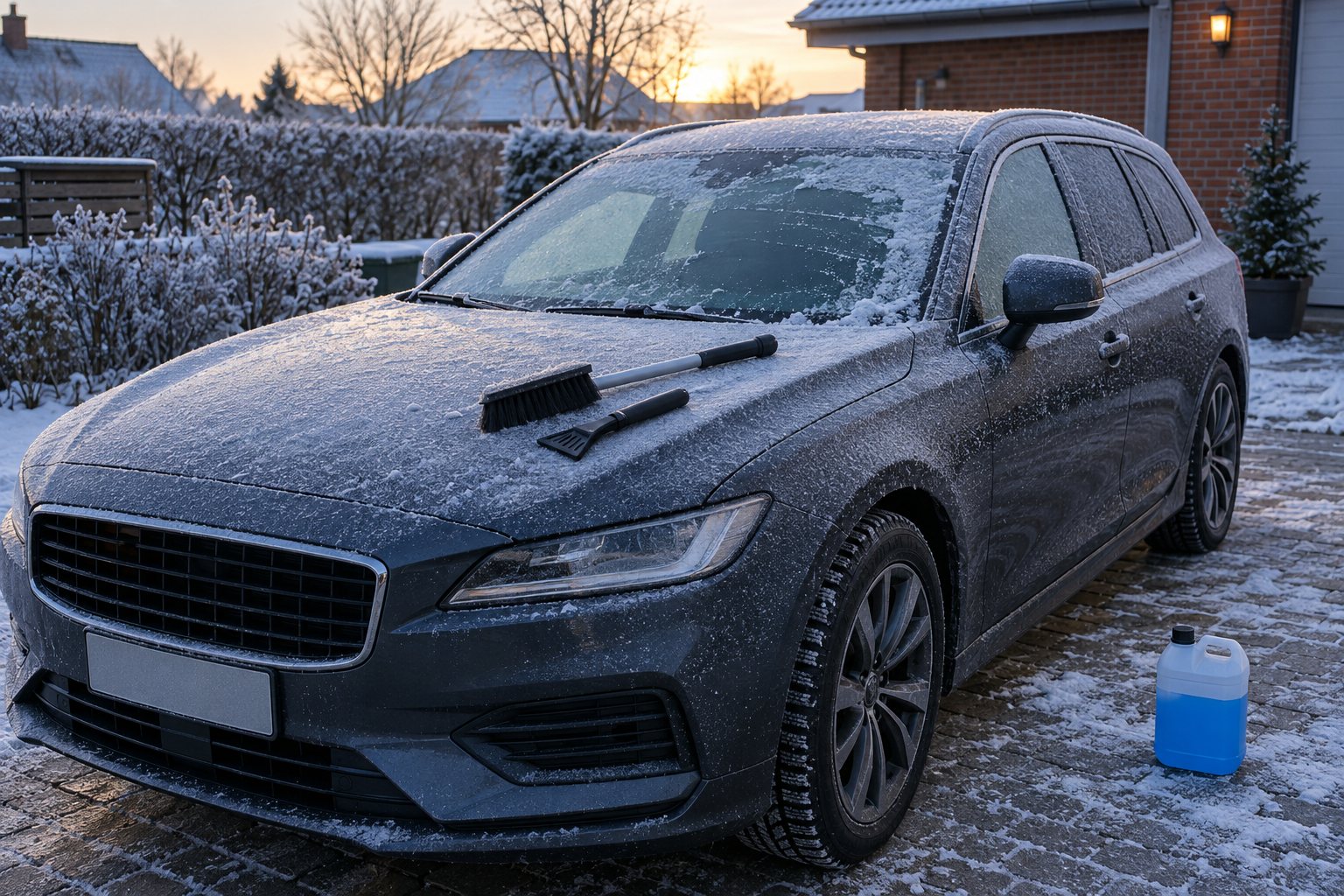 Bil med rim på forruden i en dansk villavej en frostmorgen i oktober, med vinterdæk stablet ved den åbne garageport