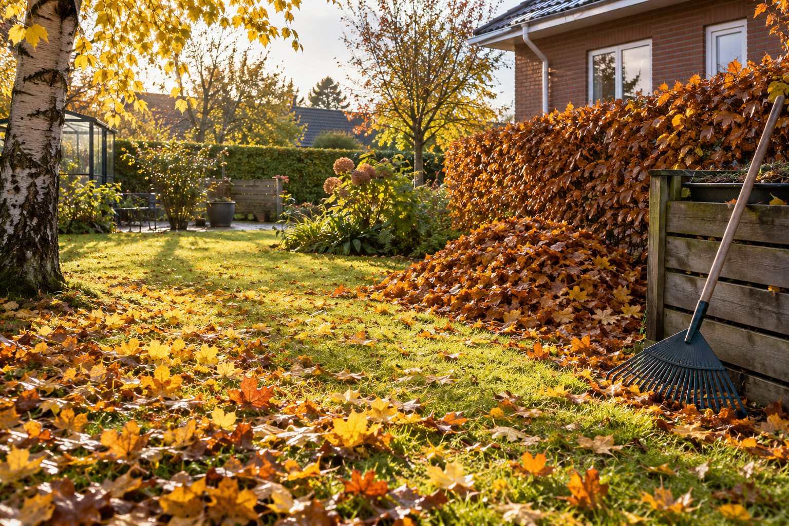 Dansk villahave i oktober med gule og orange blade på plænen, en løvrive op ad en kompostbeholder og en bunke blade under en bøgehæk