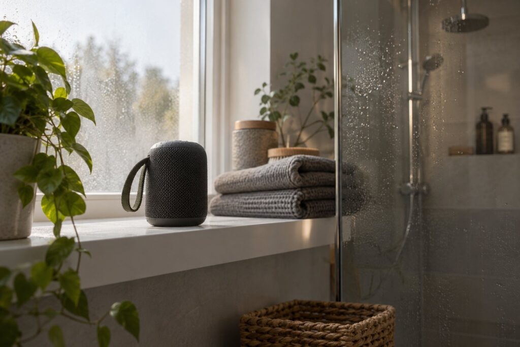Lille vandtæt Bluetooth-højttaler på en hylde ved et badeværelsesvindue med dug på ruden