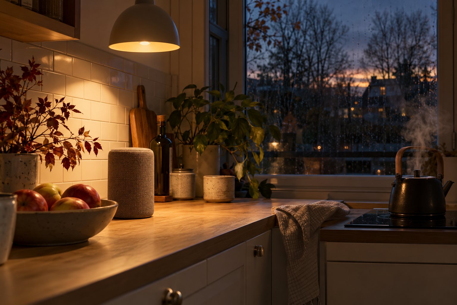 Bærbar Bluetooth-højttaler på en køkkenbordplade en mørk efterårsaften med regn på ruden