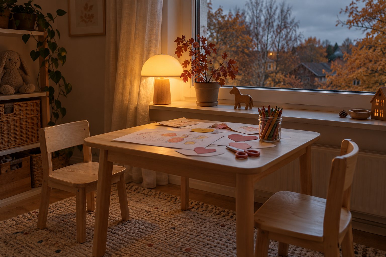 Lille børnebord i træ med to børnestole, tegninger og farver ved et vindue en mørk efterårseftermiddag