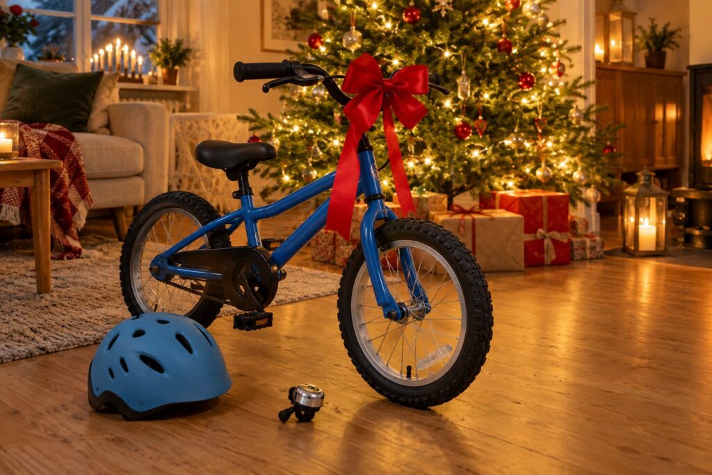 En lille blå børnecykel med en rød gavesløjfe på styret og en børnehjelm på gulvet ved siden af i en stue med juletræ