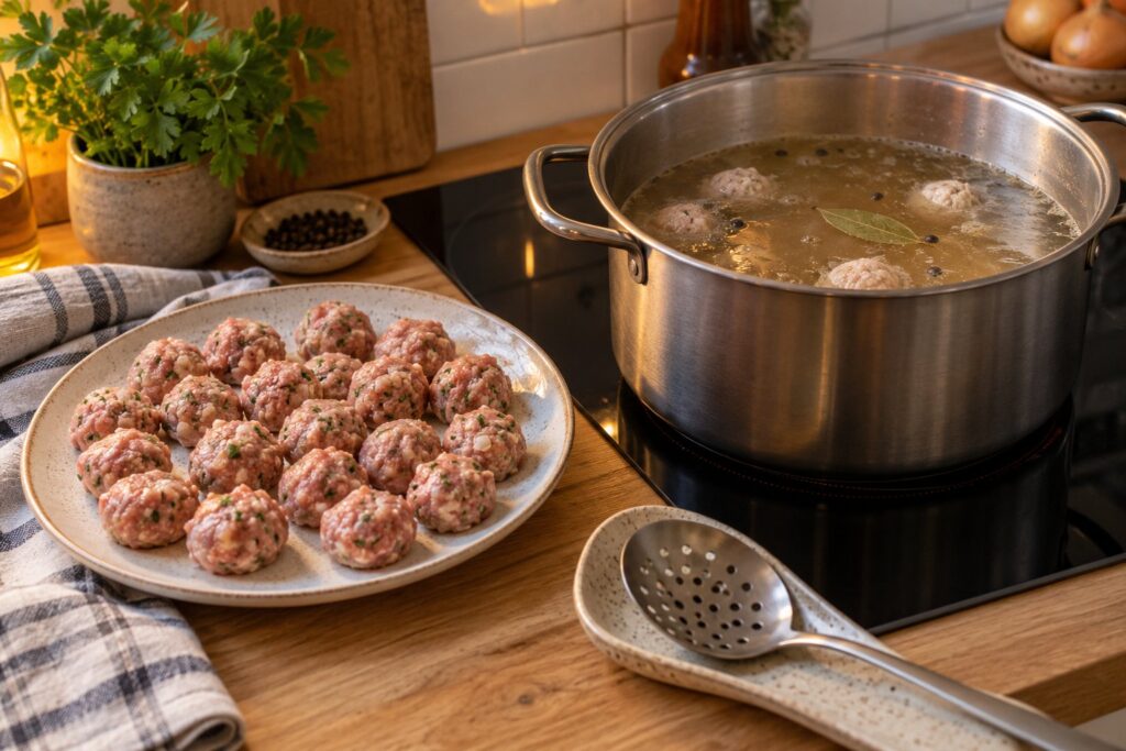 Små rå kødboller formet med en teske ligger på et fad ved siden af en gryde med dampende bouillon