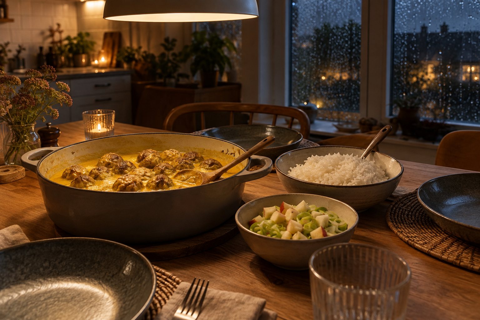 Gryde med boller i gylden karrysovs og en skål med hvide ris på et køkkenbord en mørk efterårsaften