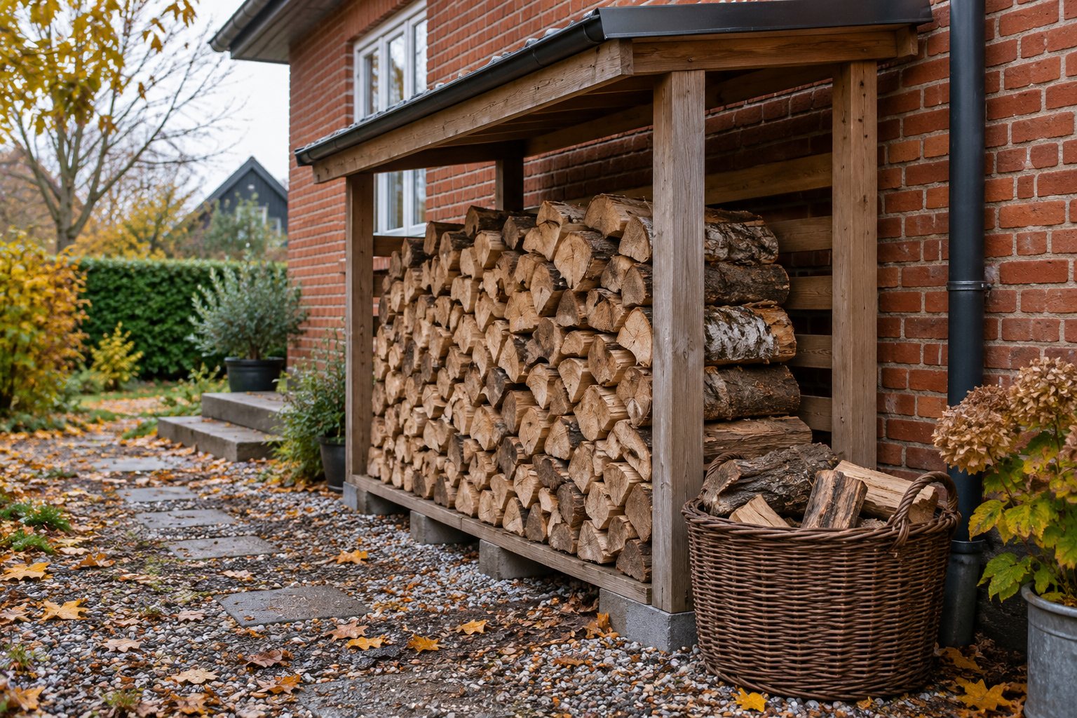 Lang række kløvet brænde stablet med barken opad under et åbent halvtag i en dansk have i oktober