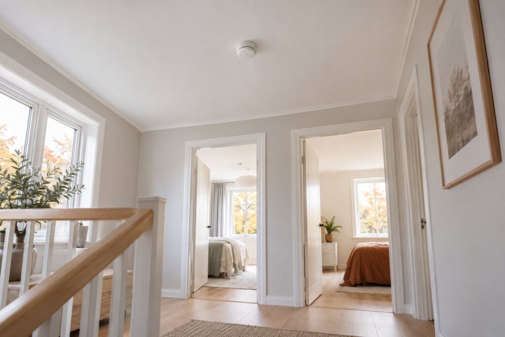 Hvid røgalarm monteret midt i loftet på en lys gang uden for et soveværelse