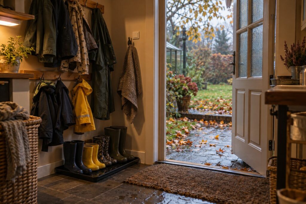 Bagindgang i et bryggers med knagerække, regnjakker, gummistøvler på en bakke og en dørmåtte en regnvejrsdag i oktober