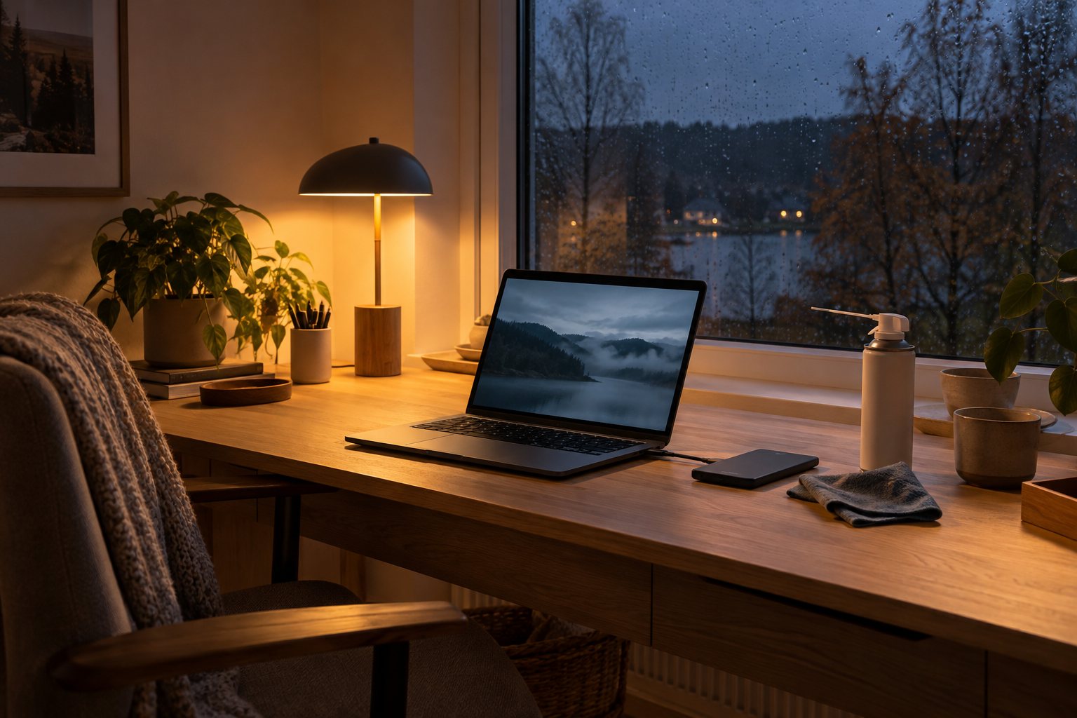 Bærbar computer på et egeskrivebord en efterårsaften med en ekstern disk, en mikrofiberklud og en dåse trykluft under en tændt skrivebordslampe