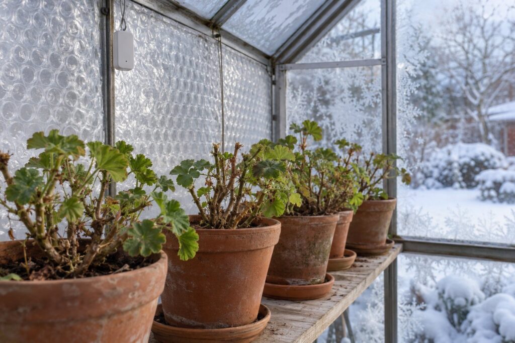 Nedskårne pelargonier i lerpotter på en træhylde i et drivhus beklædt med bobleplast en kold vinterdag