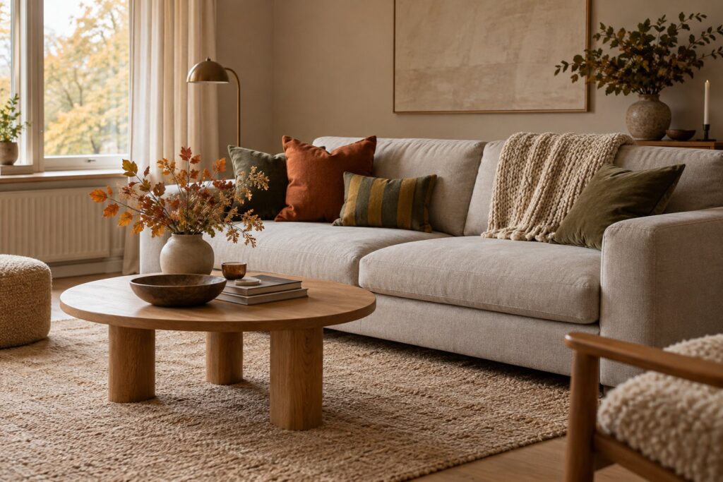 Lys sofa med puder i rust, okker og oliven og en strikket plaid i en stue med sandfarvede vægge