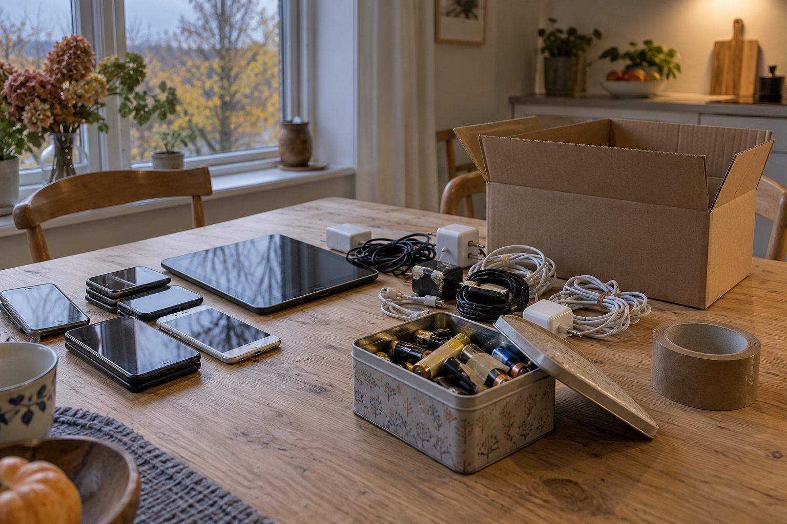 Gamle telefoner, opladere, kabler og en dåse brugte batterier sorteret på et køkkenbord, klar til genbrugspladsen