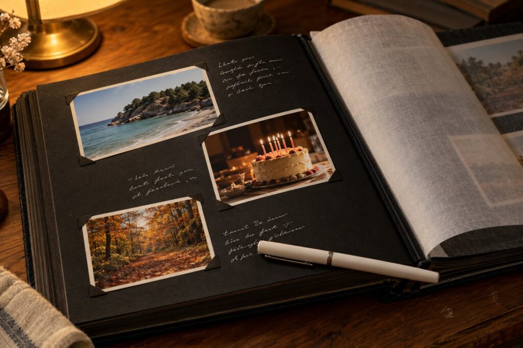 Åbent klassisk fotoalbum med sorte kartonsider, fotos i fotohjørner og håndskrevne billedtekster med hvid pen