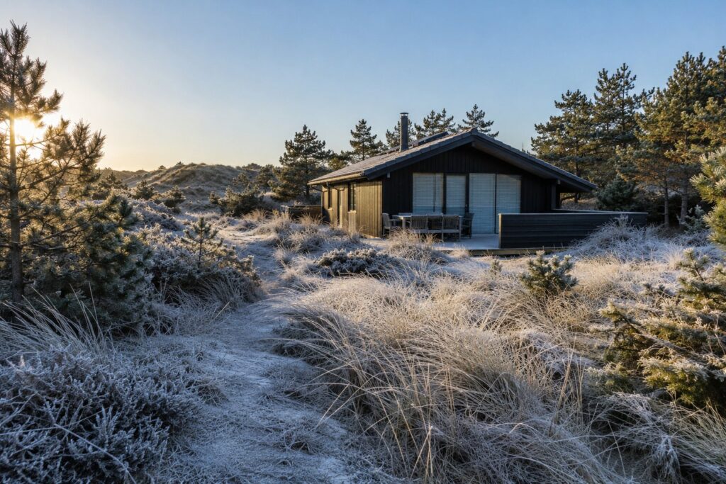 Dansk sommerhus af træ en frostklar vintermorgen med rim på græsset og klitterne i baggrunden