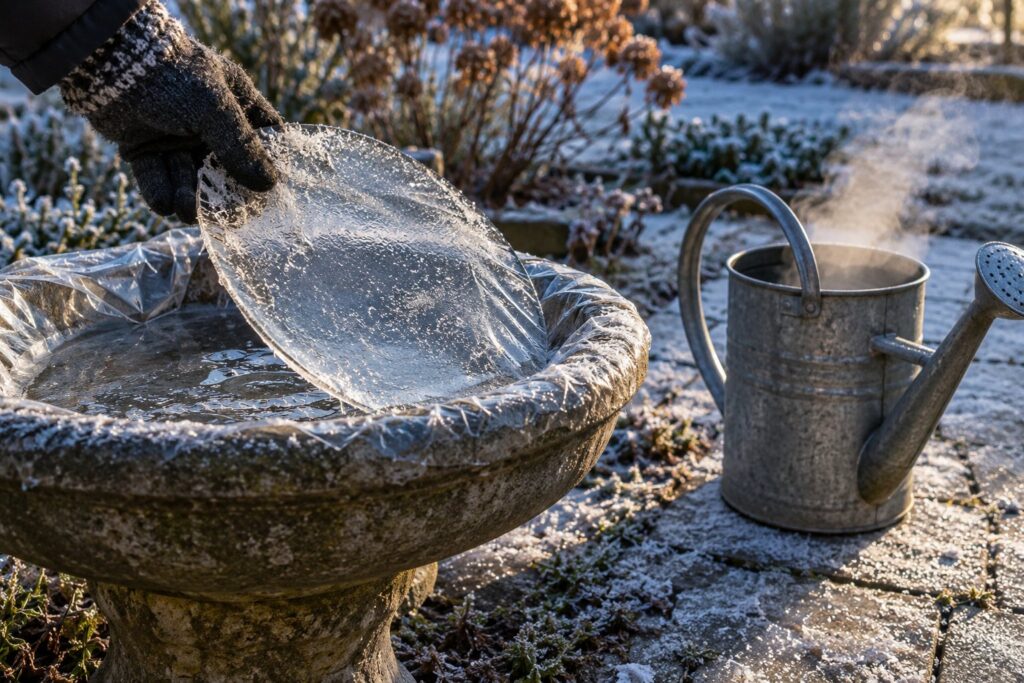 En isklump løftet op af et fuglebad med plast i bunden, ved siden af en kande med lunkent vand en frostklar morgen