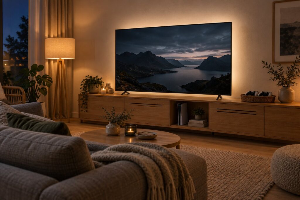 Tv-møbel i en hyggelig stue med spillekonsol, to controllere i en kurv og et svagt baggrundslys bag tv'et