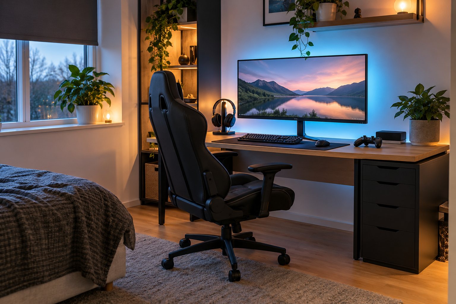 Ryddeligt gaming-hjørne med skrivebord, skærm med blødt baggrundslys, gamingstol og headset en mørk efterårsaften
