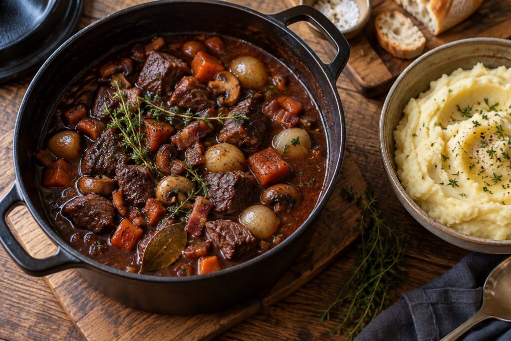 Støbejernsgryde med oksegryde i rødvinssauce med perleløg og champignon på et træbord ved siden af kartoffelmos