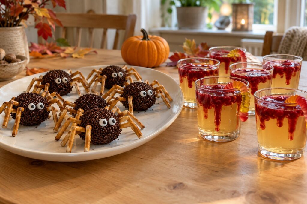Chokoladeedderkopper med ben af saltstænger og små glas med klar gelé og rød hindbærsauce på et køkkenbord