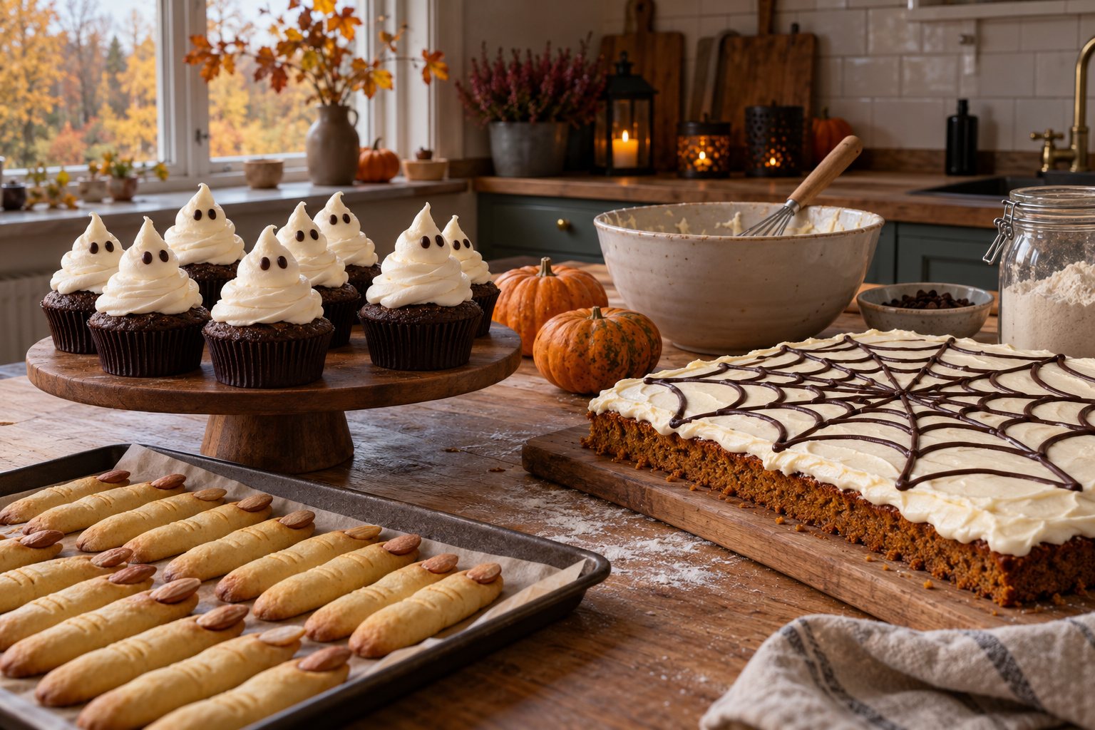 Kagebord til halloween med spøgelsesmuffins, heksefingre og græskarkage med spindelvæv af chokolade i et lyst køkken