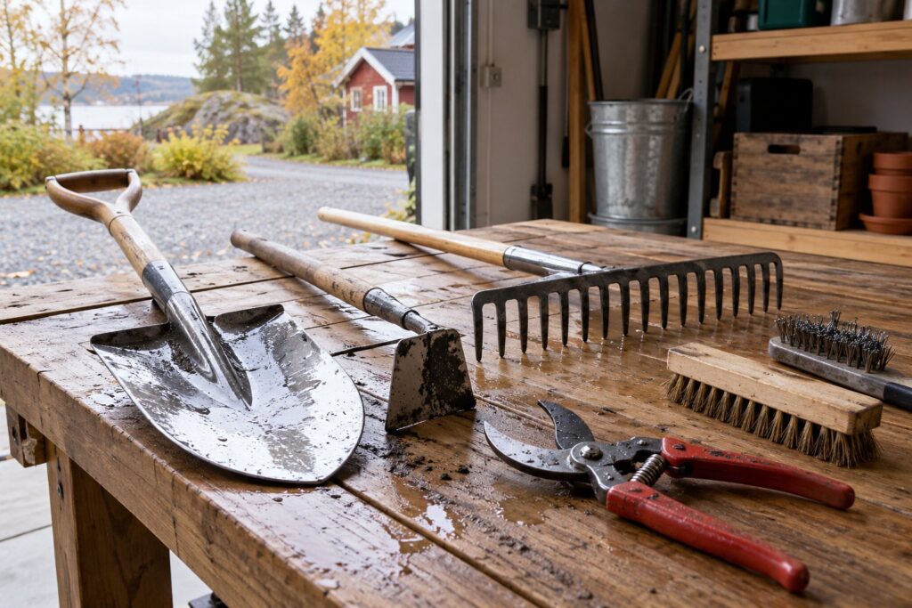 Rengjorte haveredskaber med spade, river og beskæresaks lagt til tørre på et træbord i en garage