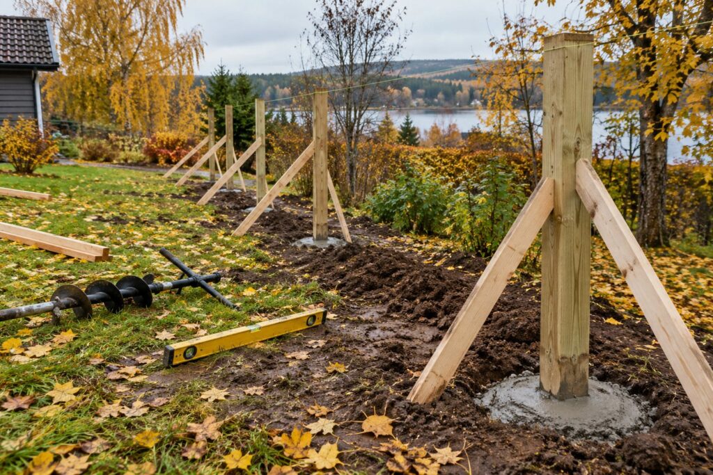 Nye hegnsstolper af træ støbt i beton og afstivet med skrå lægter langs en snor i en efterårshave med nedfaldne blade