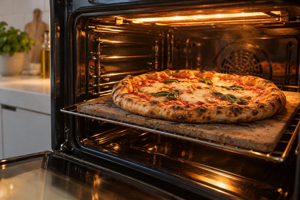 Pizza med boblende mozzarella og basilikum på en pizzasten i en oplyst hjemmeovn