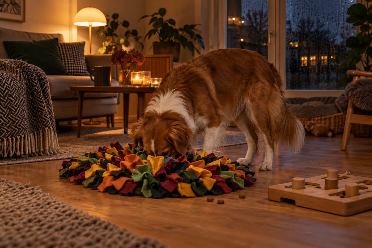 Hund snuser efter godbidder i en snusemåtte på stuegulvet en mørk og regnfuld efterårsaften