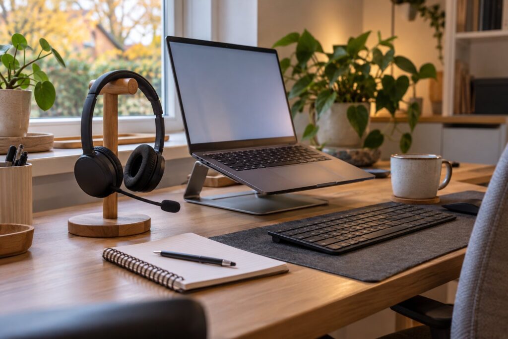 Headset med mikrofonarm hængende på en holder ved siden af en bærbar computer på et skrivebord i et hjemmekontor
