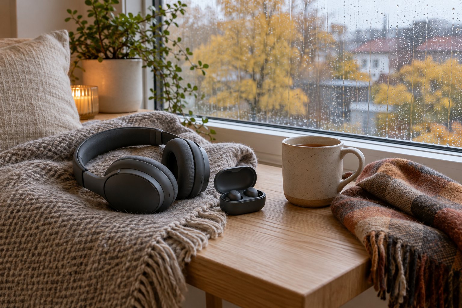 Over-ear-hovedtelefoner og trådløse in-ear-øresnegle i et etui på en bænk ved et regnvådt vindue en grå oktoberdag