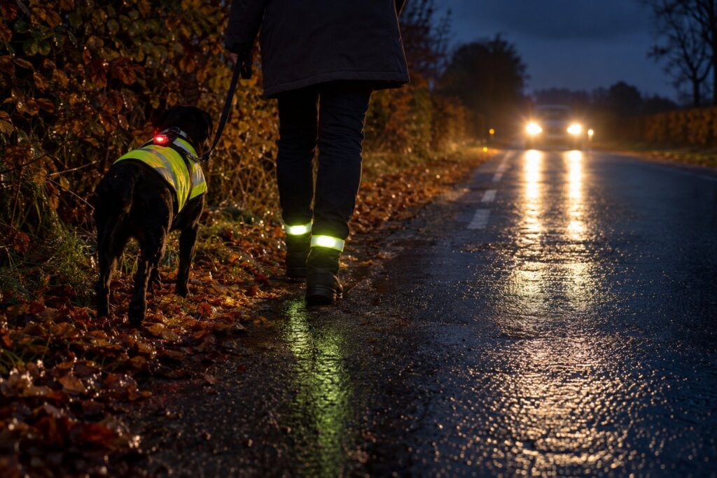 Mørk hund i refleksvest og med lys på selen går i kort line langs et fortov om aftenen, mens ejerens benrefleks lyser op i en bils lygter