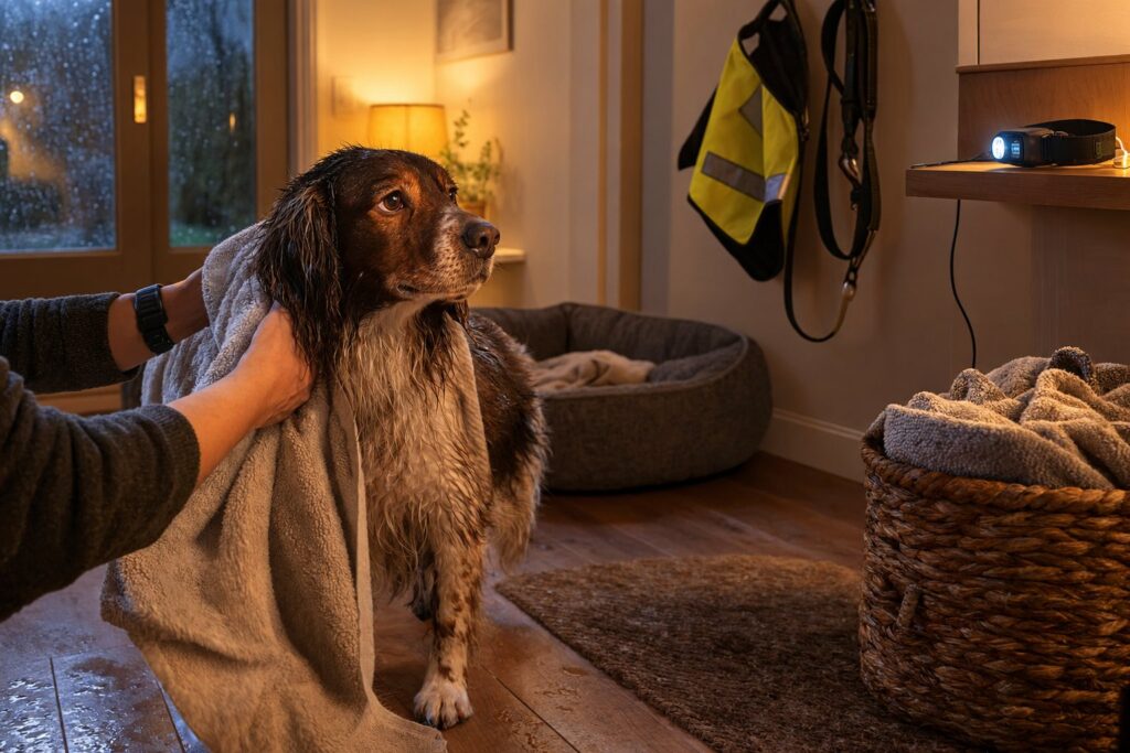 Våd hund bliver tørret med et håndklæde i en entré med en refleksvest og en line hængende på en knage og en hundeseng i baggrunden