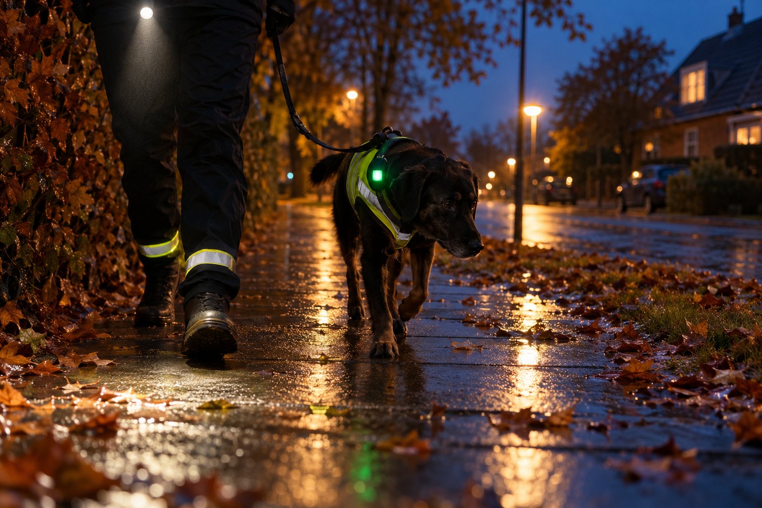 Hund i refleksvest og med lys på selen går i kort line på et vådt fortov i tusmørket med ejerens benrefleks ved siden af