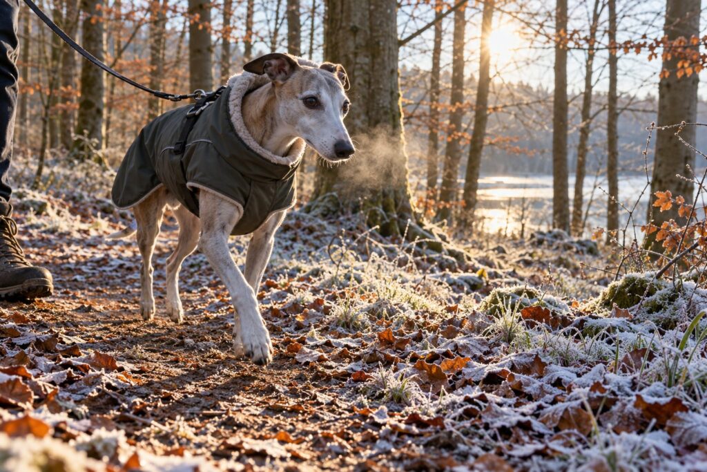 Lille korthåret hund i et foret vinterdækken på en frostklar sti i en dansk skov om morgenen