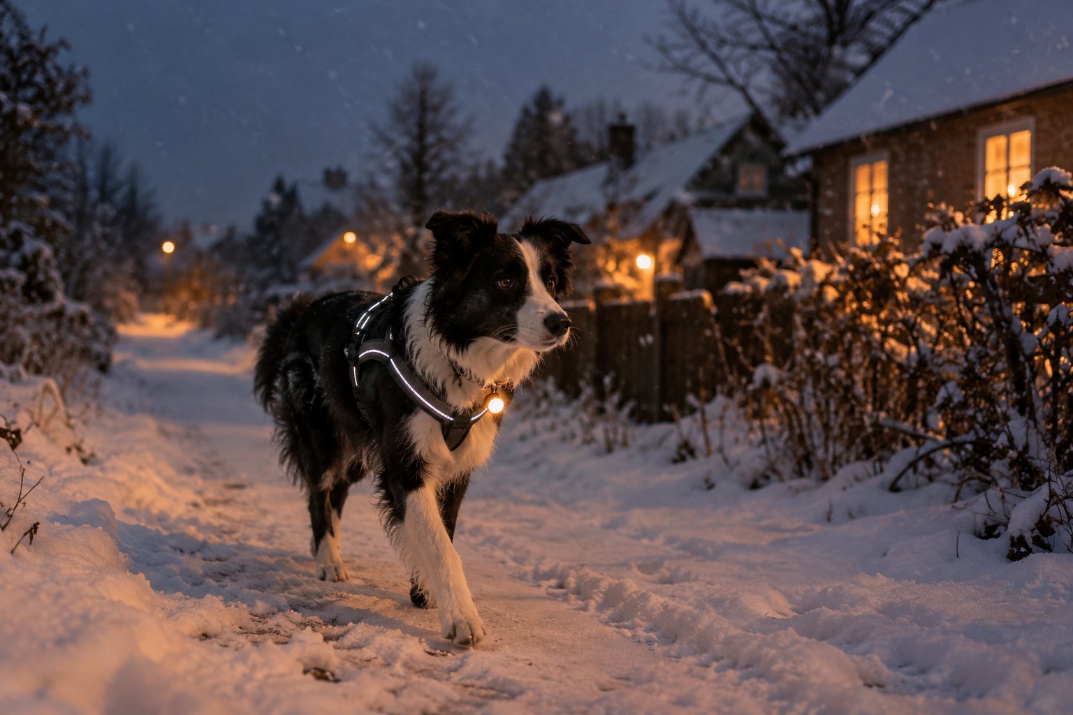 Hund i refleksvest med lys på selen går i snor på et vådt fortov i skumringen en efterårsaften