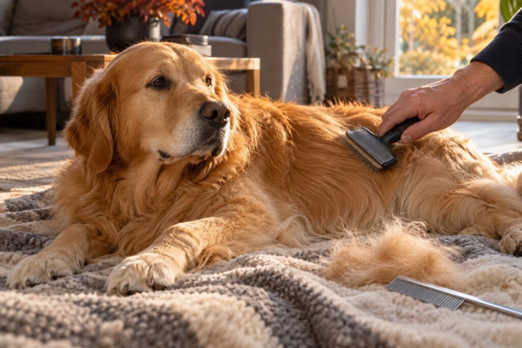 Golden retriever ligger roligt på et tæppe, mens en hånd børster den løse underuld ud med en karde