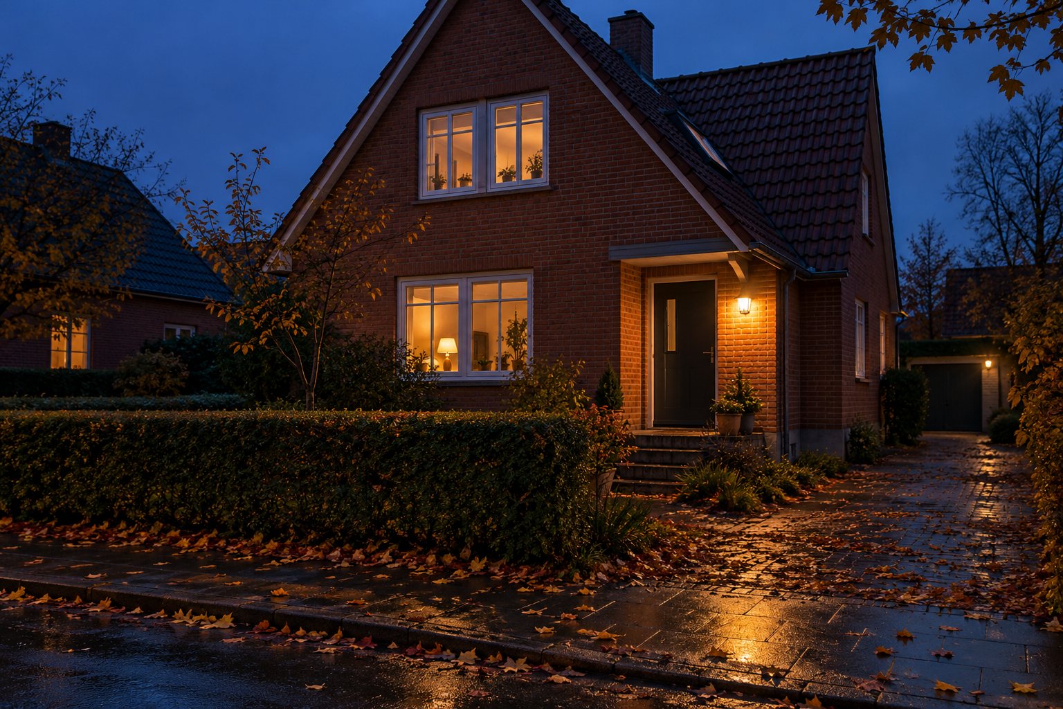 Dansk murstensvilla en mørk oktoberaften med lys ved hoveddøren og i vinduerne
