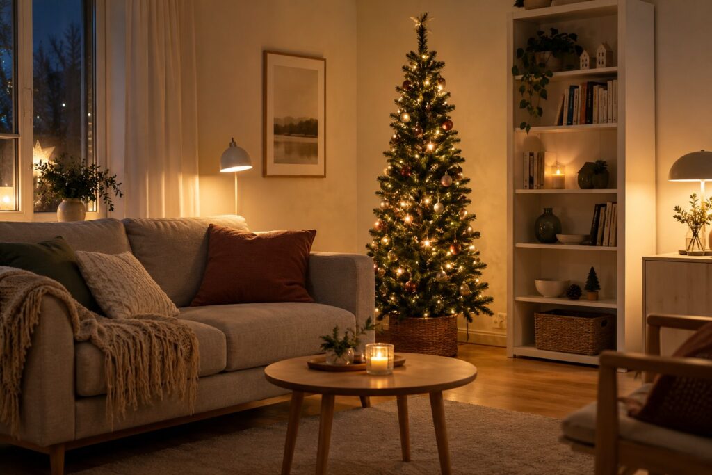 Smalt kunstigt juletræ med lyskæde i hjørnet af en lille stue ved siden af en sofa og en reol