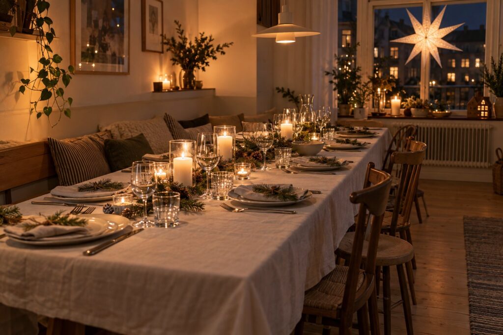 Dækket julebord i en lille stue forlænget med et klapbord og med taburetter og en bænk som ekstra pladser