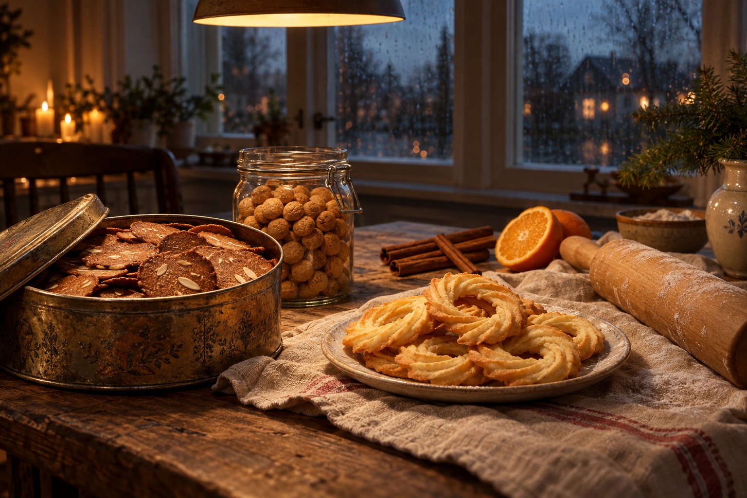Køkkenbord med en blikdåse brunkager, et glas pebernødder, en tallerken vaniljekranse og en meldrysset kagerulle en mørk novembereftermiddag