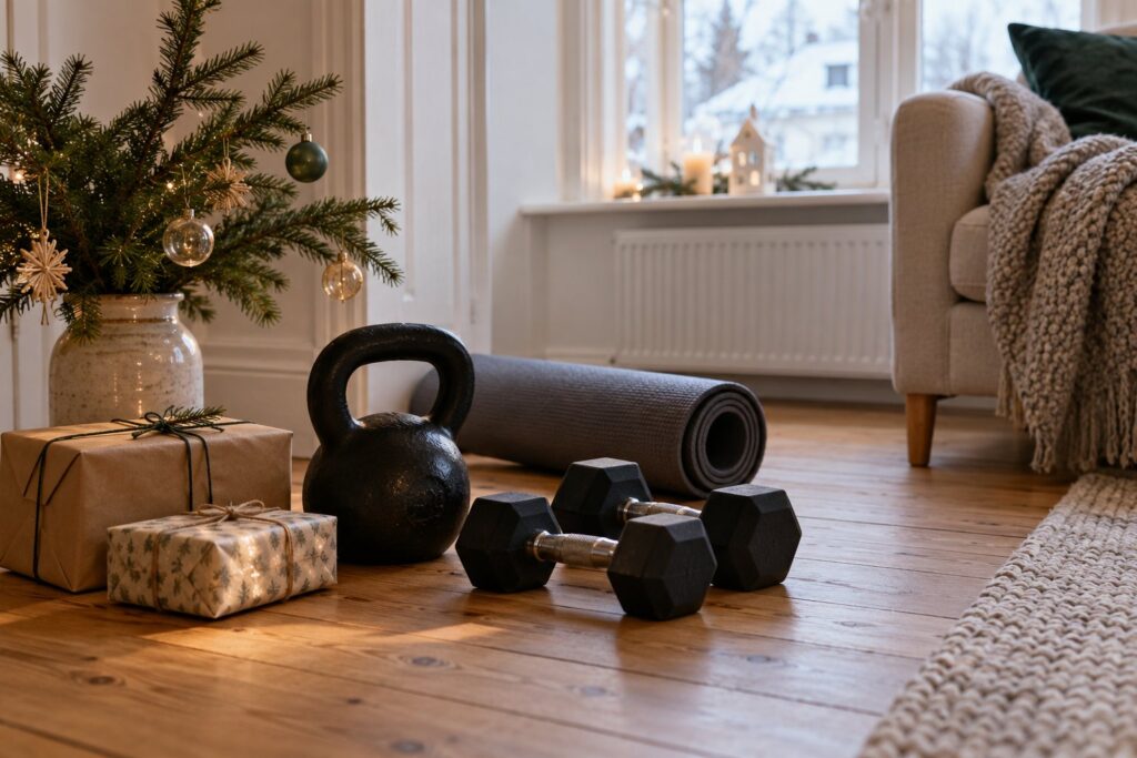 Indpakkede julegaver ved siden af en kettlebell, en sammenrullet træningsmåtte og håndvægte i en lys stue