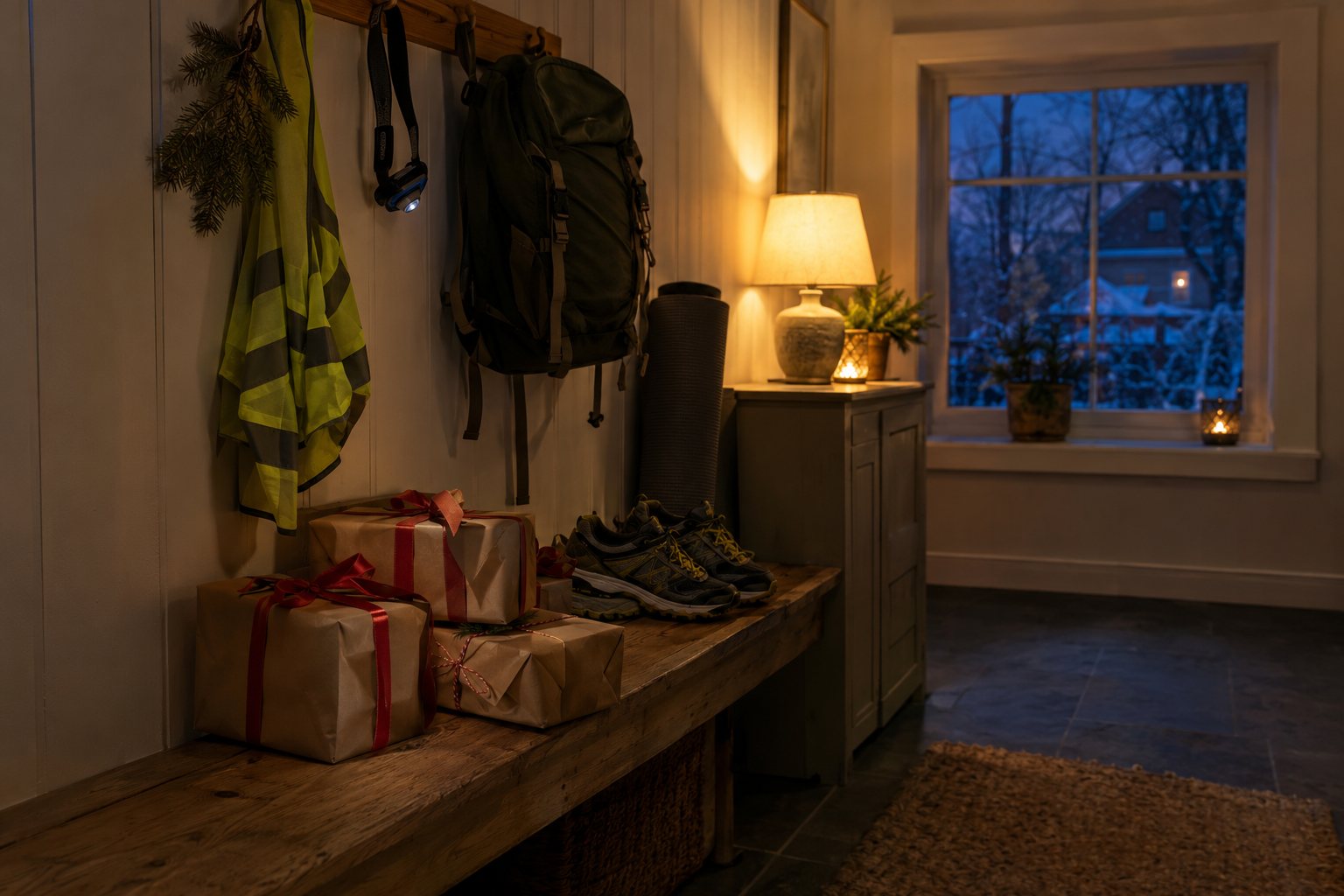 Julegaver på en bænk i entréen ved siden af løbesko, træningsmåtte, rygsæk, pandelampe og refleksvest